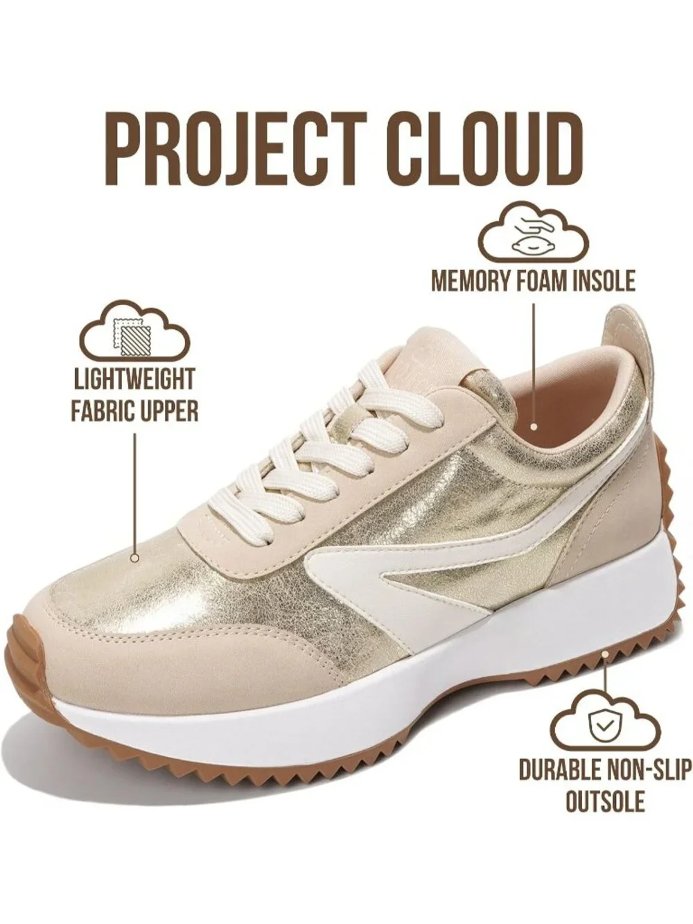 🆕Project Cloud Women's Balinda-gold Sneakers Memory Foam Lightweight Lace Up